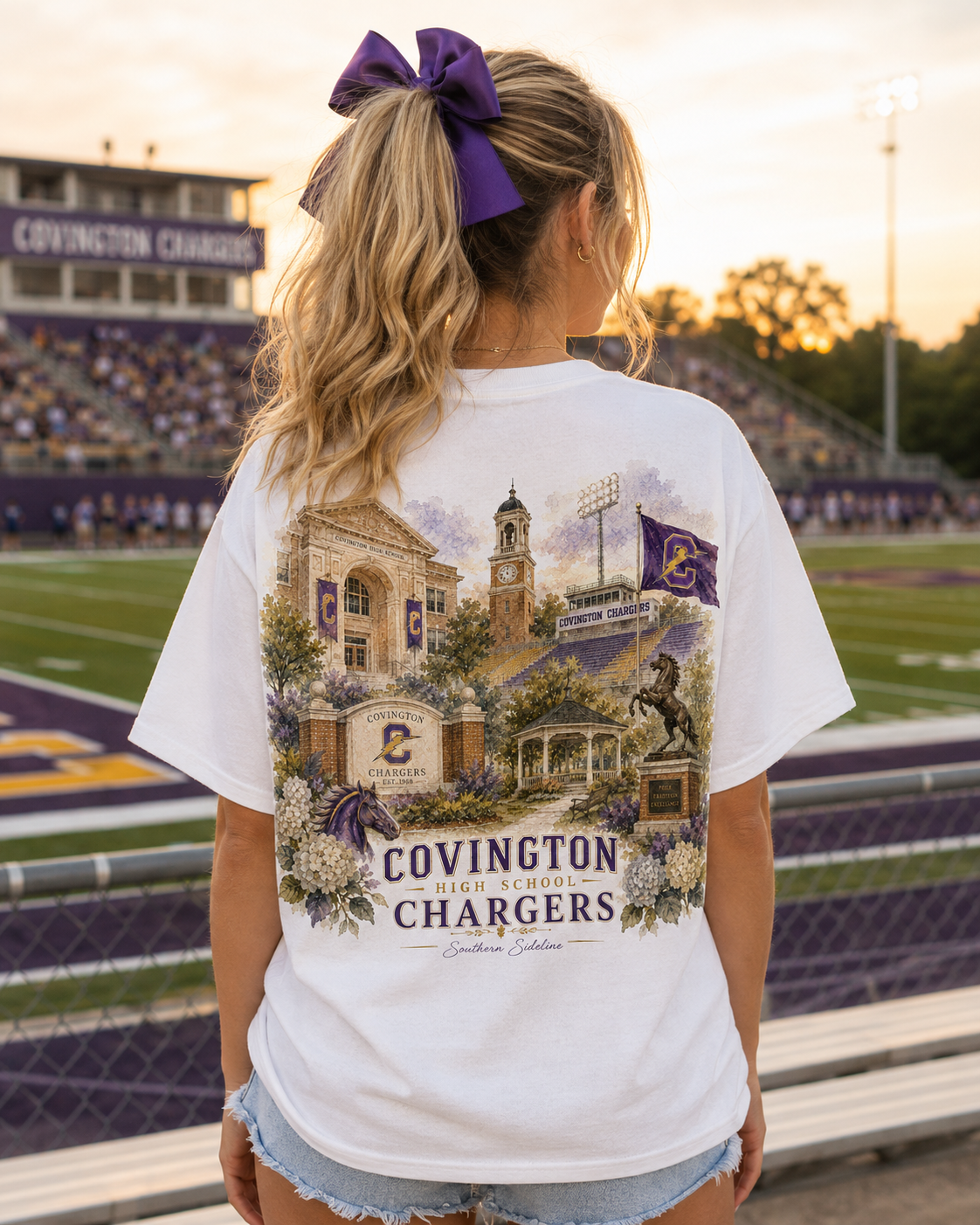 Watercolor Covington Chargers game day design on a soft cotton tee