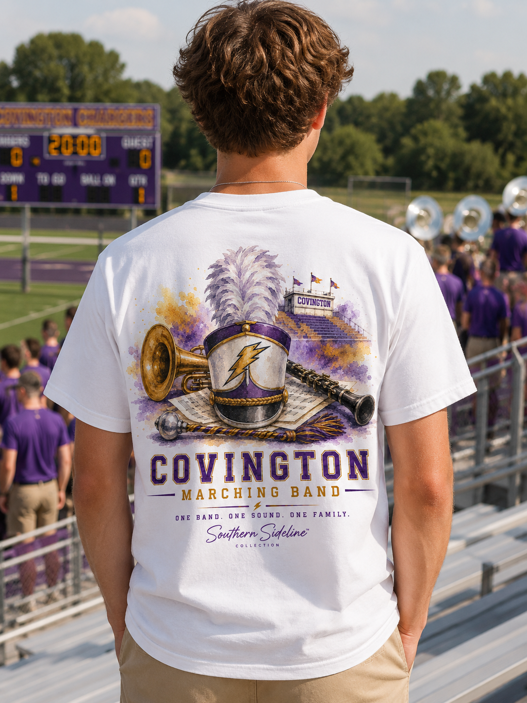 Watercolor Covington Chargers band design on a soft cotton tee