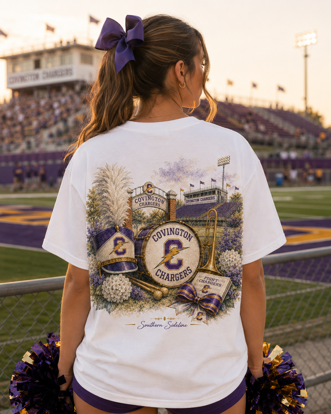 Watercolor Covington Chargers band design on a soft cotton tee