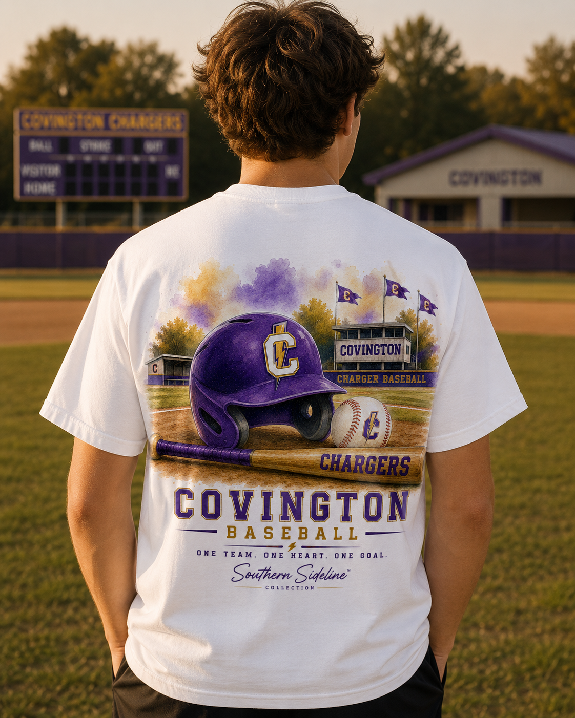Watercolor Covington Chargers baseball design on a soft cotton tee