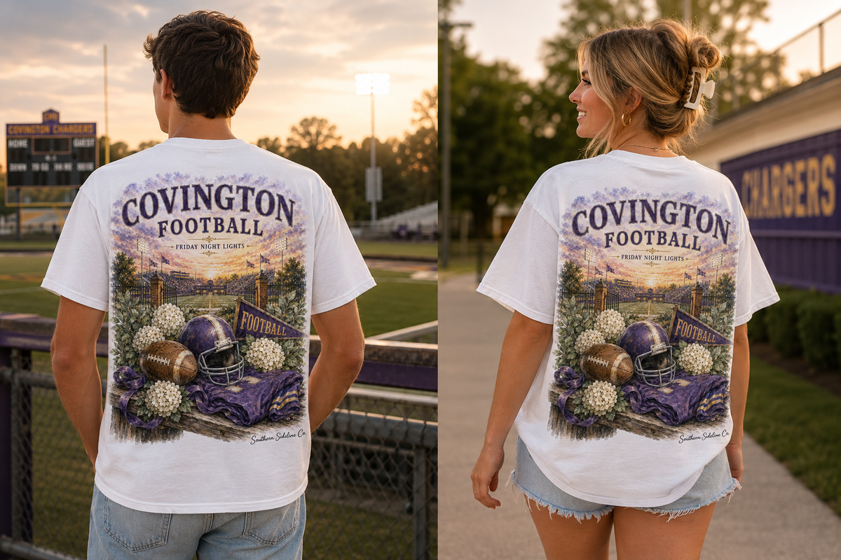 Watercolor Covington Chargers football design on a soft cotton tee