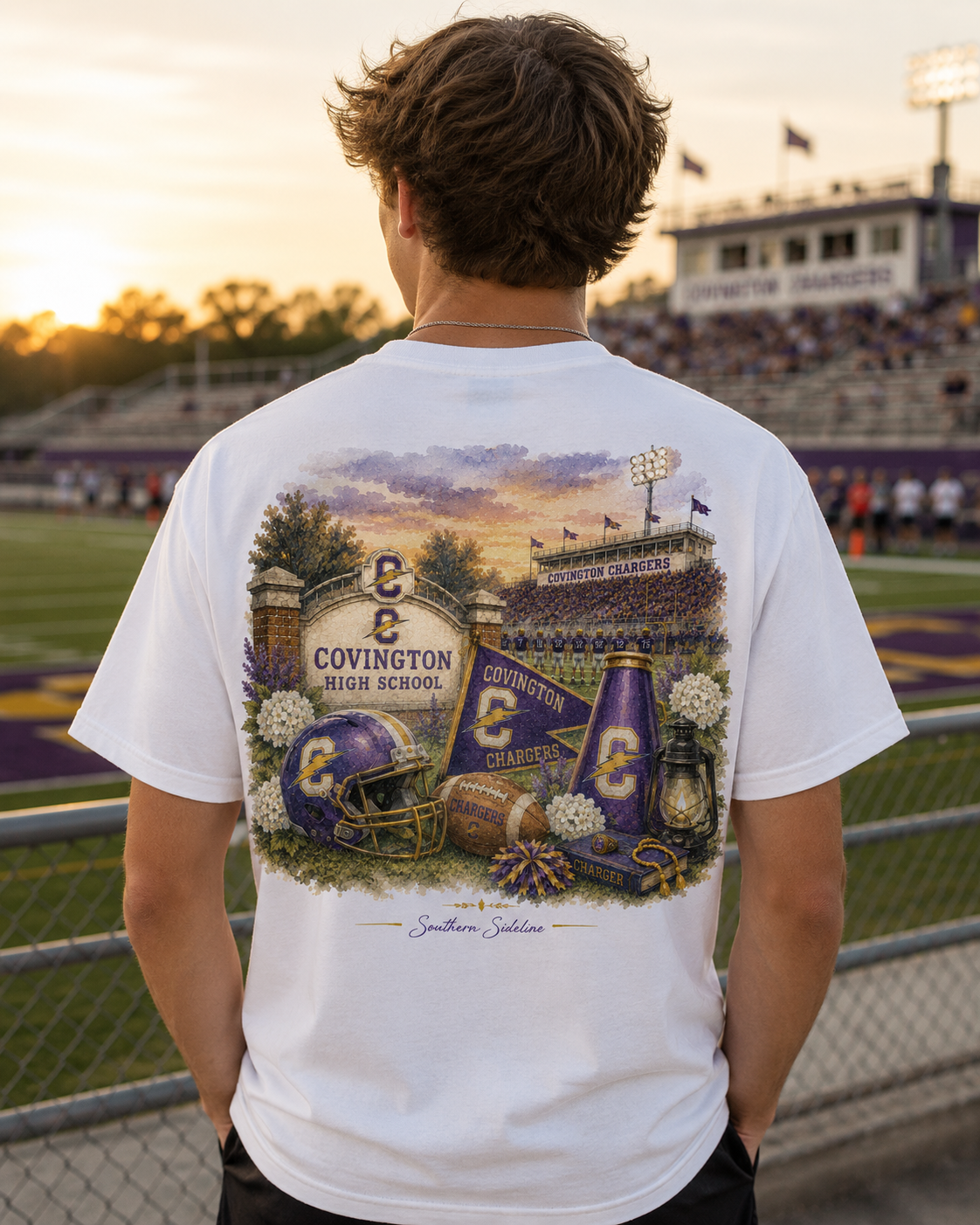 Watercolor Covington Chargers football design on a soft cotton tee
