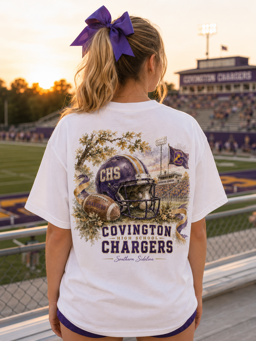 Watercolor Covington Chargers football design on a soft cotton tee