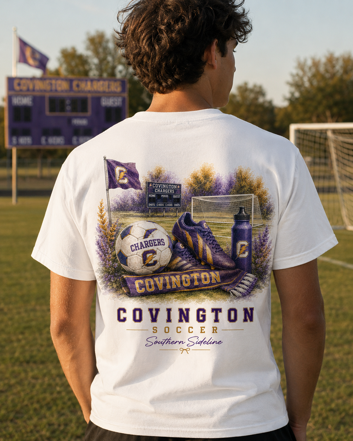 Watercolor Covington Chargers soccer design on a soft cotton tee
