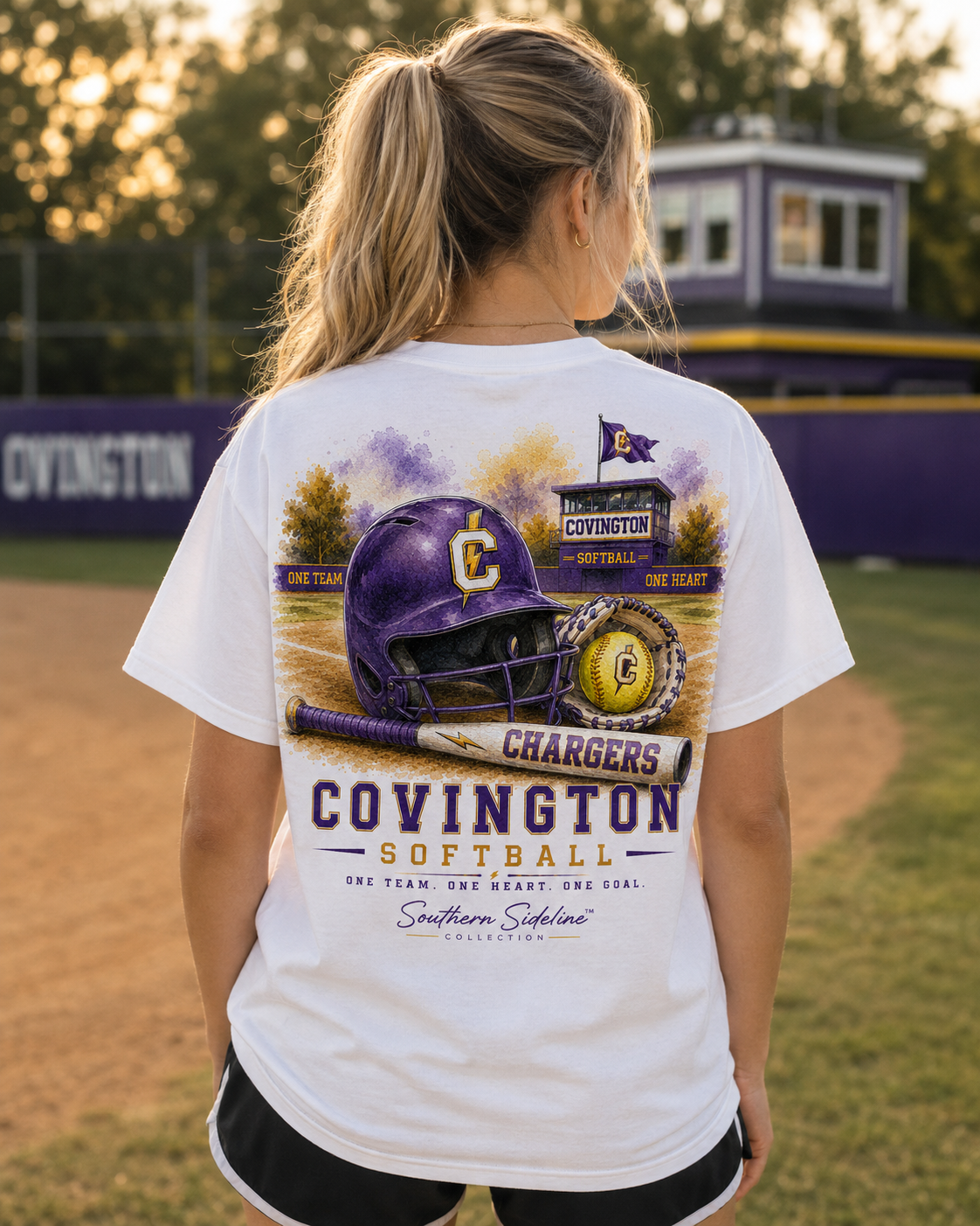 Watercolor Covington Chargers softball design on a soft cotton tee
