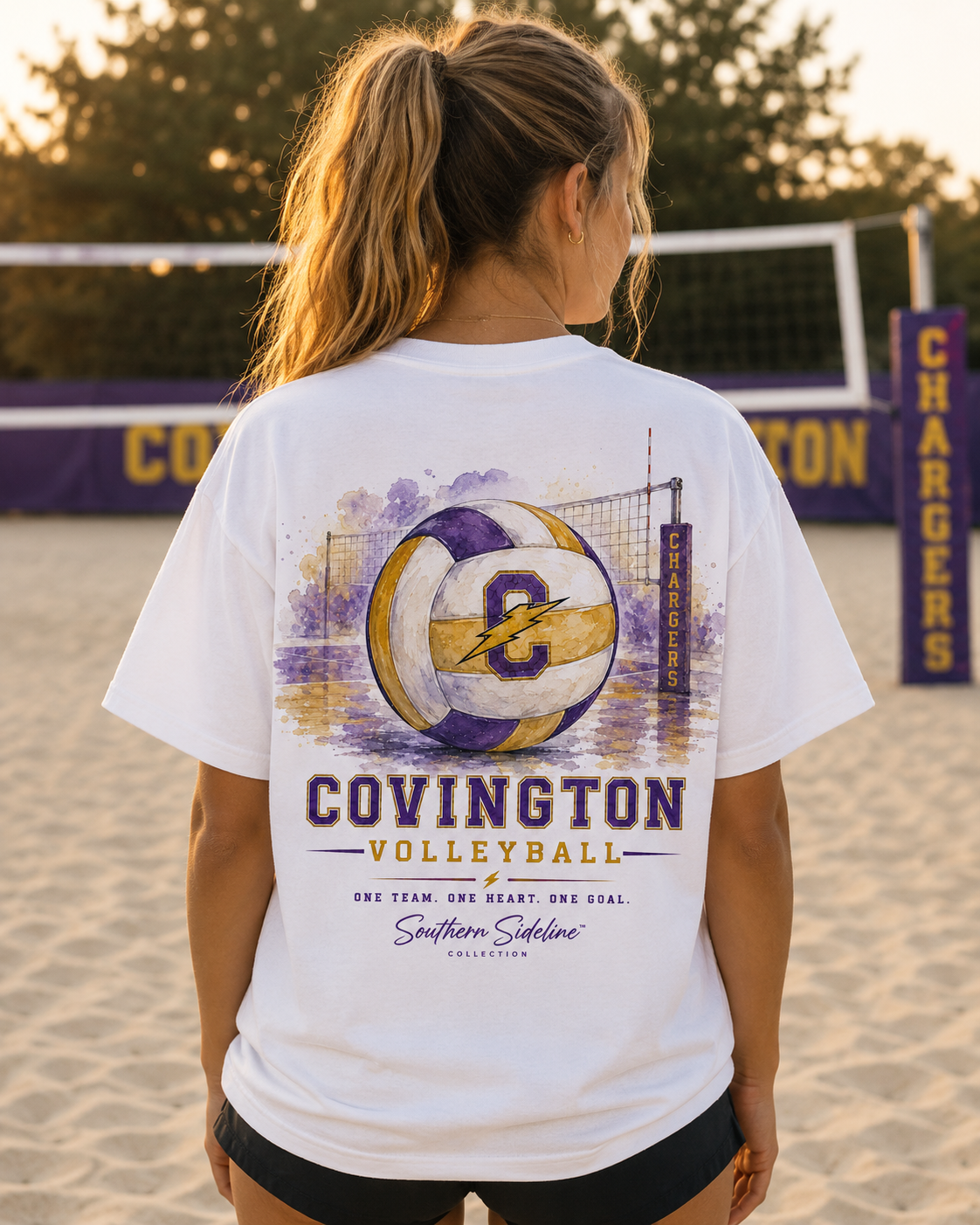 Watercolor Covington Chargers volleyball design on a soft cotton tee