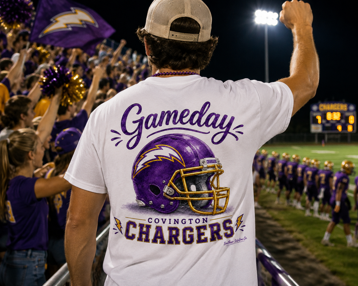 Watercolor Covington Chargers game day design on a soft cotton tee