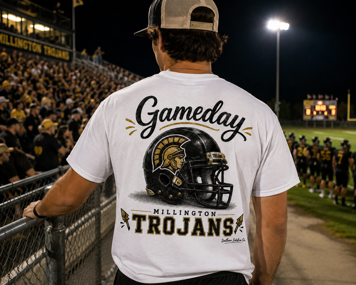 Watercolor Millington Trojans Friday night lights design on a soft cotton tee