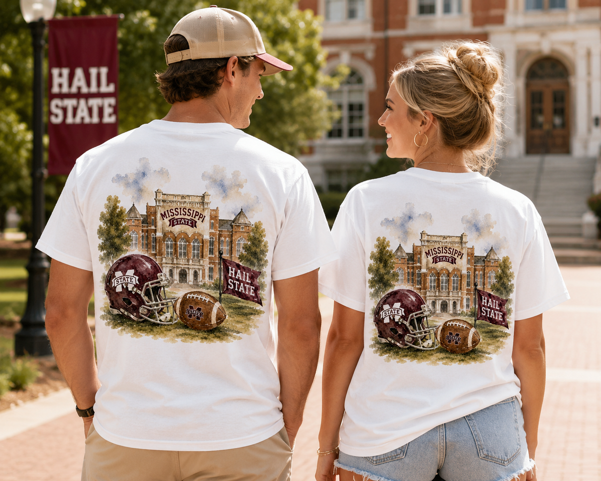 Watercolor Mississippi State game day design on a soft cotton tee