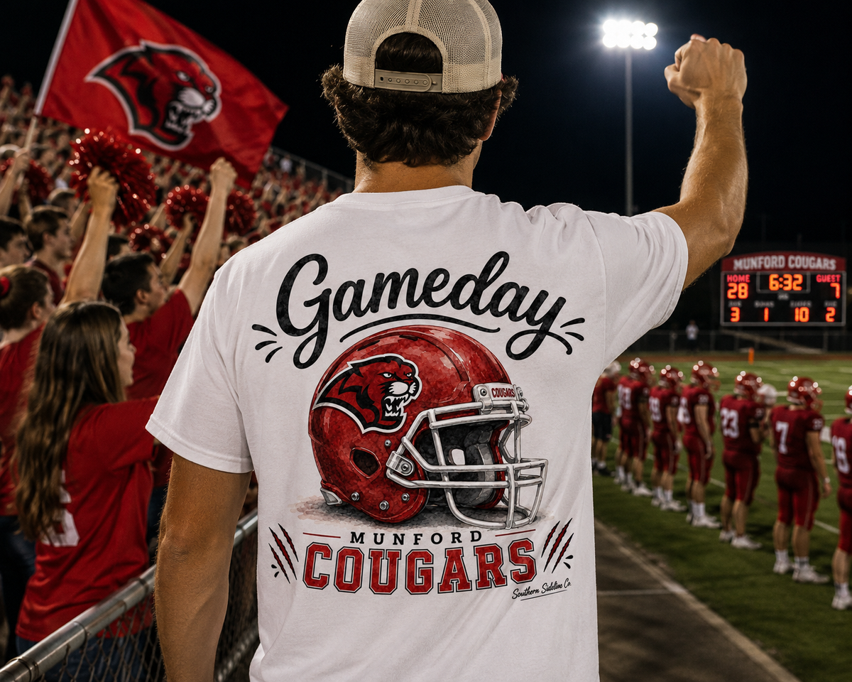 Watercolor Munford Cougars Friday night lights design on a soft cotton tee