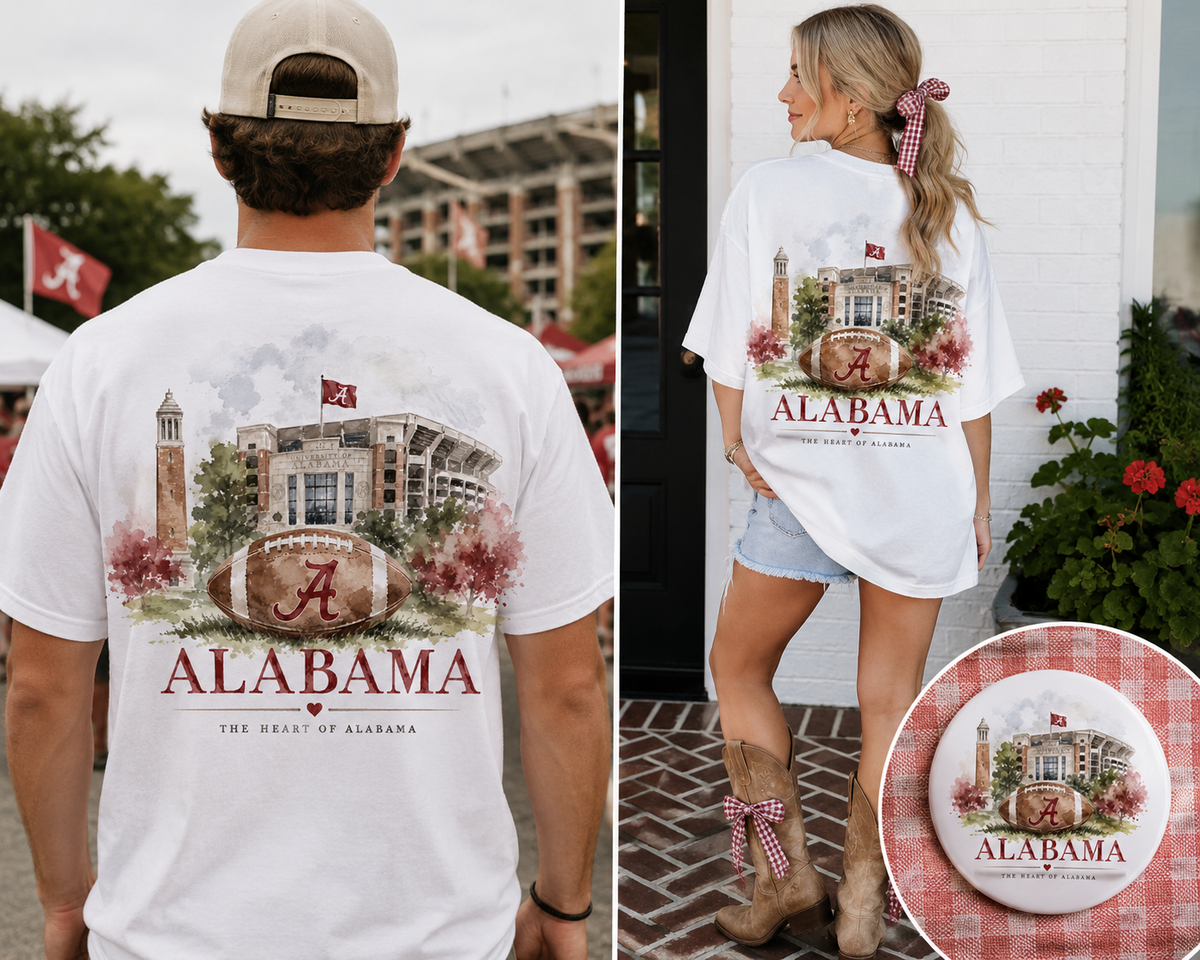 Watercolor University of Alabama game day design on a soft cotton tee