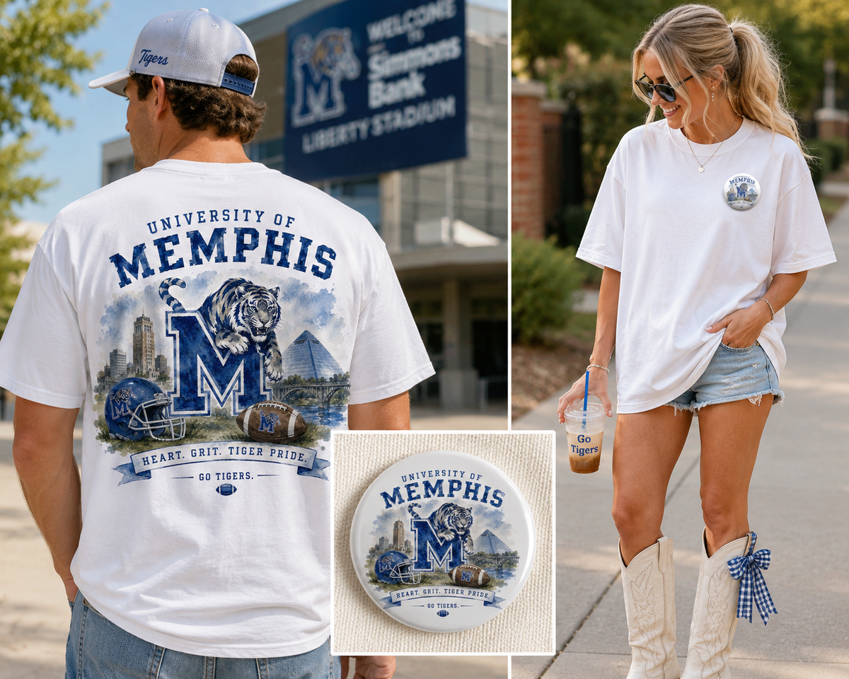 Watercolor University of Memphis game day design on a soft cotton tee