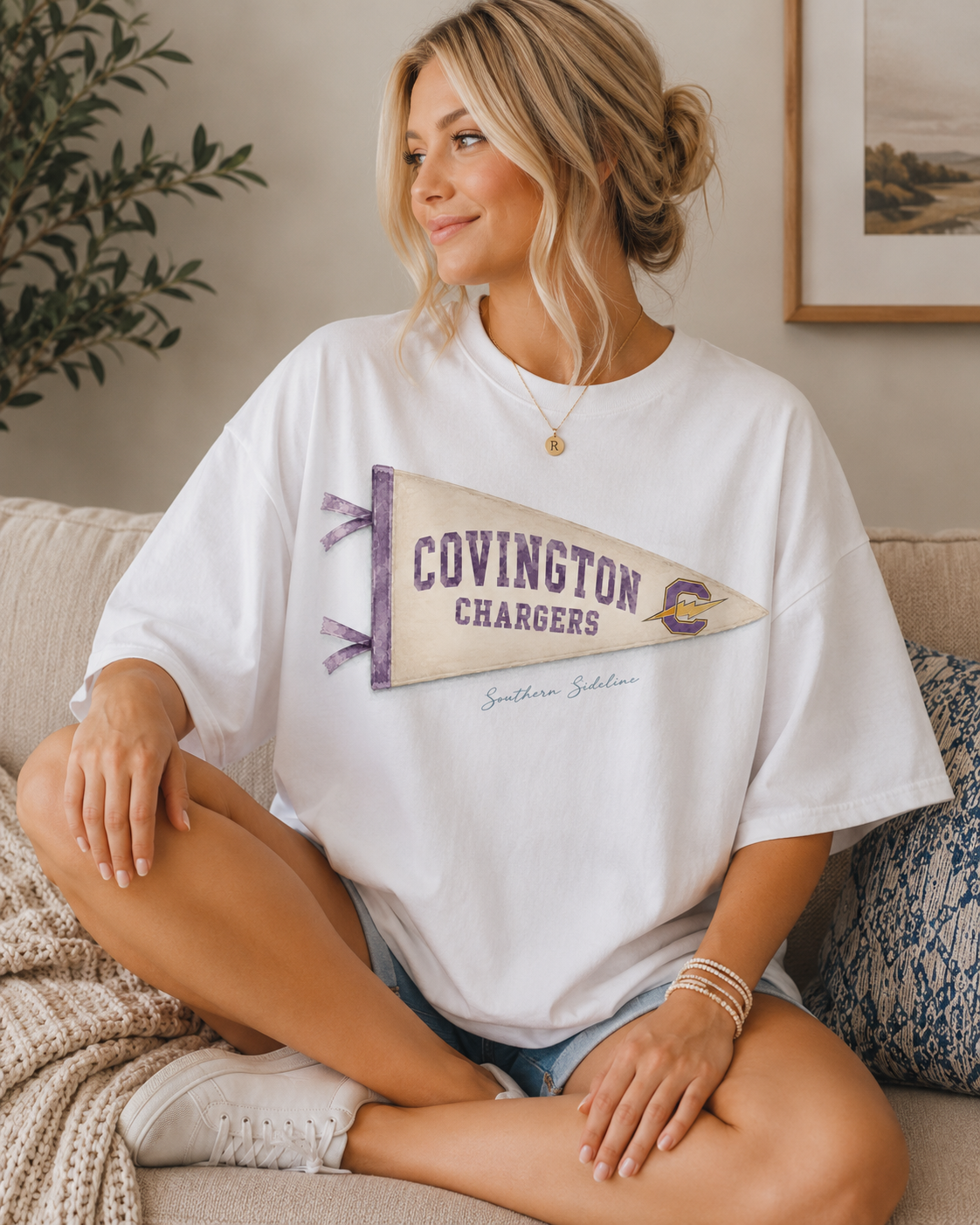 Covington Chargers vintage watercolor pennant tee