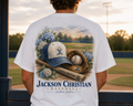 Watercolor Jackson Christian Eagles baseball design on a soft white cotton tee