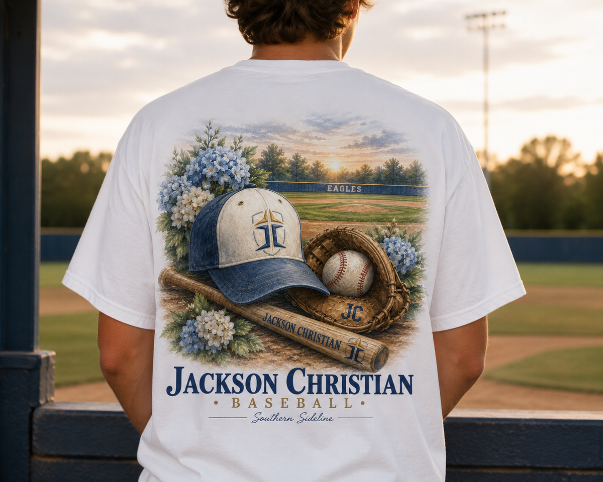 Watercolor Jackson Christian Eagles baseball design on a soft white cotton tee