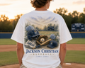 Watercolor Jackson Christian Eagles baseball design on a soft white cotton tee