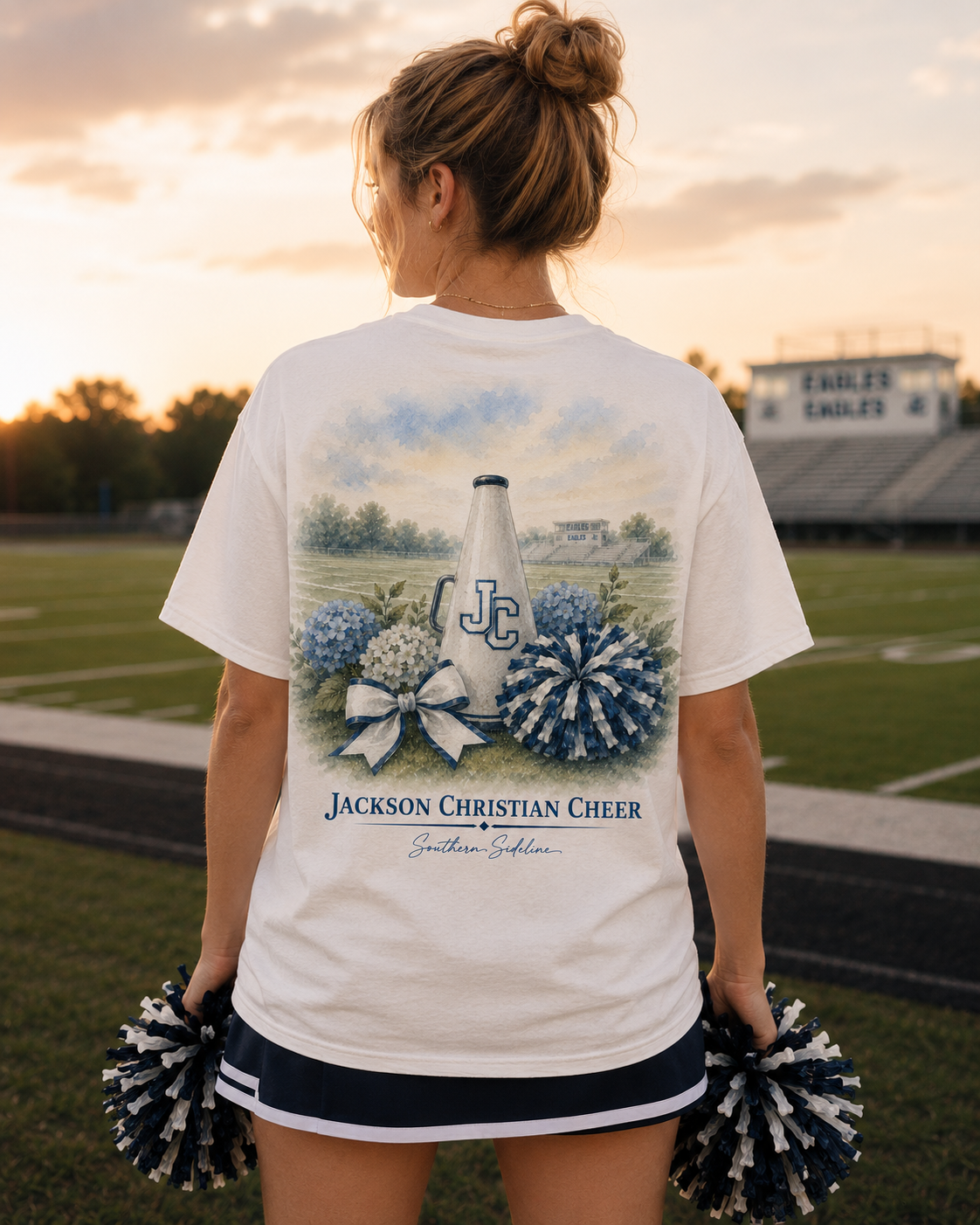 Watercolor Jackson Christian Eagles cheer design on a soft white cotton tee