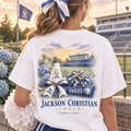 Watercolor Jackson Christian Eagles cheer design on a soft white cotton tee