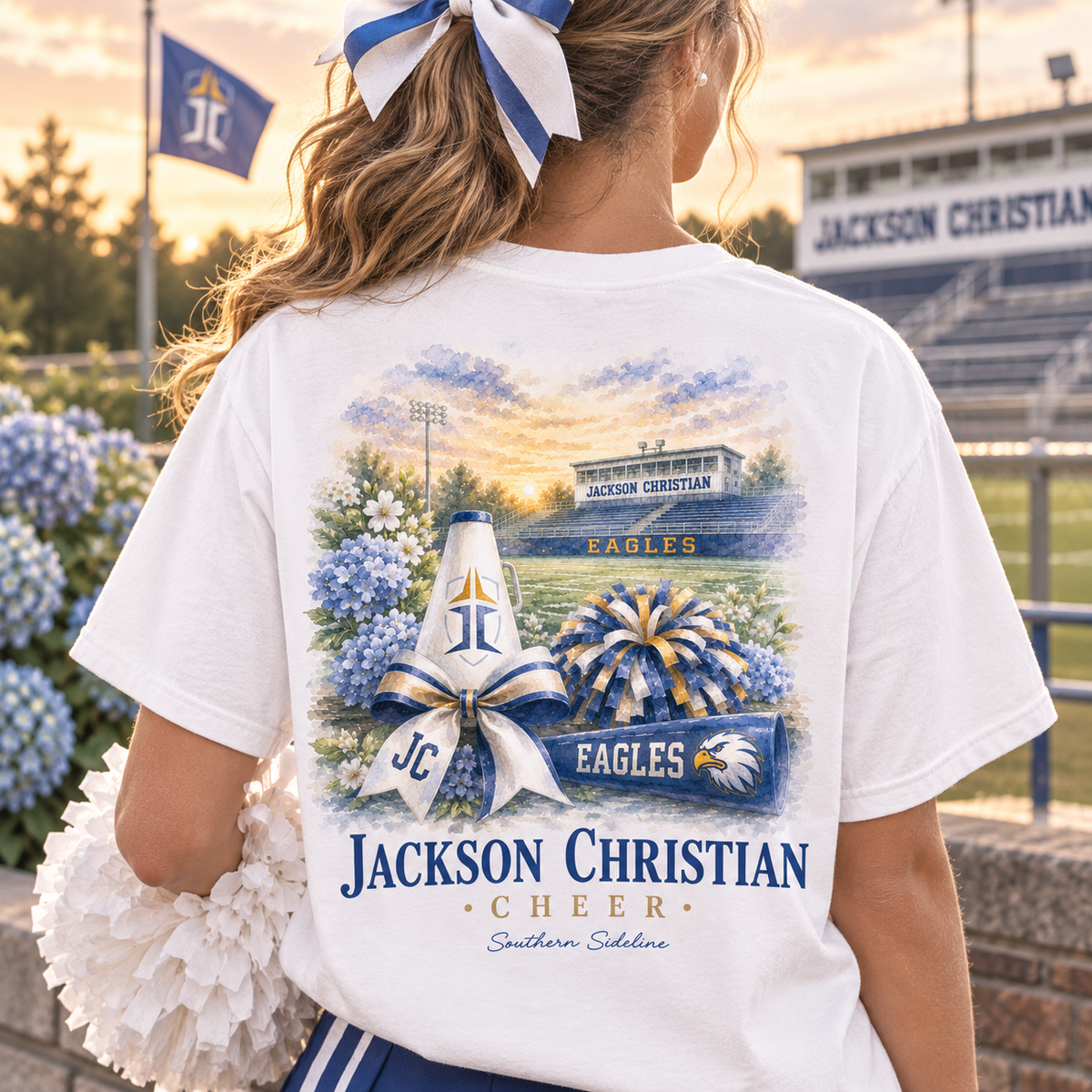 Watercolor Jackson Christian Eagles cheer design on a soft white cotton tee