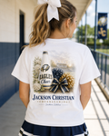 Watercolor Jackson Christian Eagles cheerleading design on a soft white cotton tee