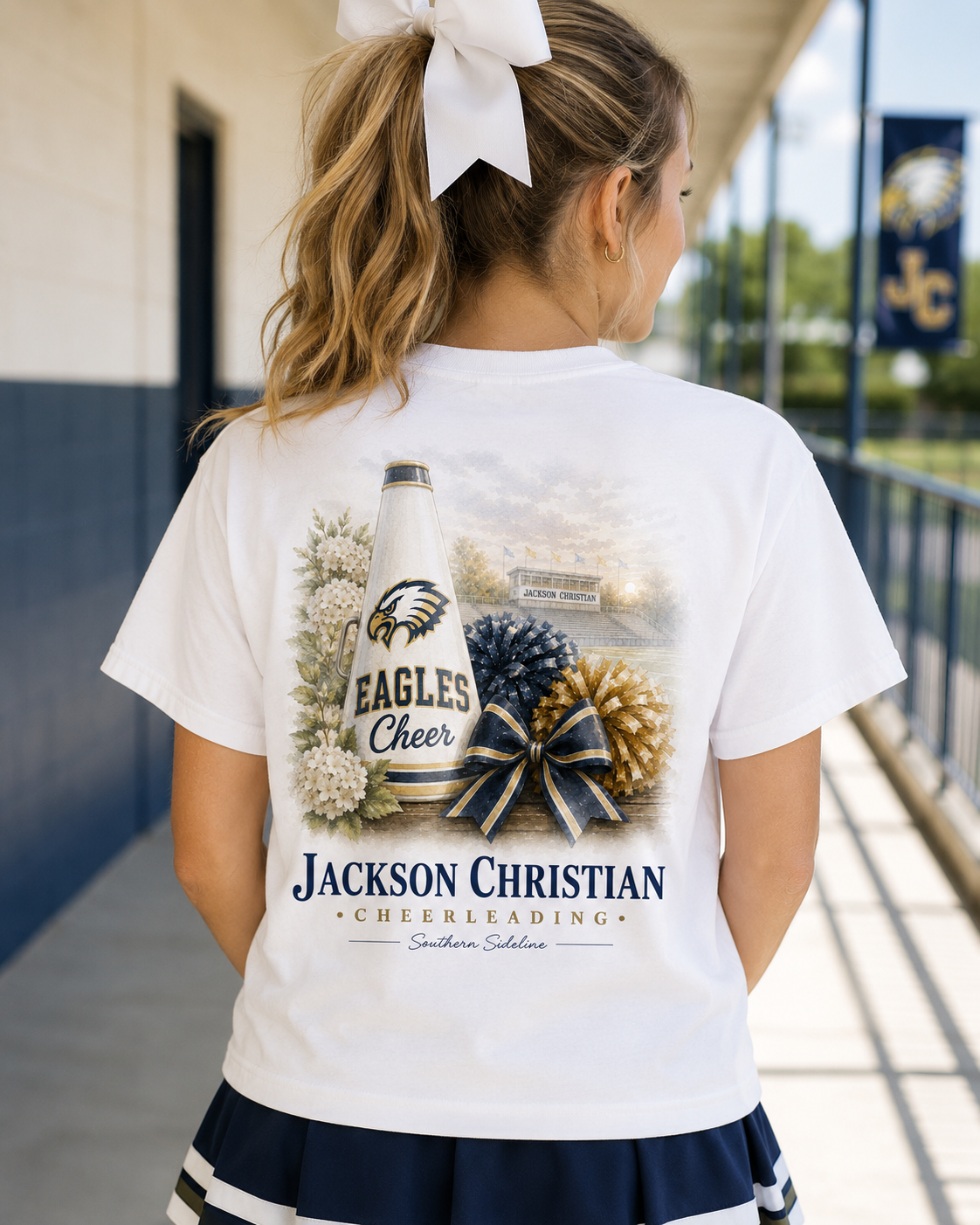 Watercolor Jackson Christian Eagles cheerleading design on a soft white cotton tee