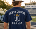 Jackson Christian Eagles crest logo on a navy cotton tee