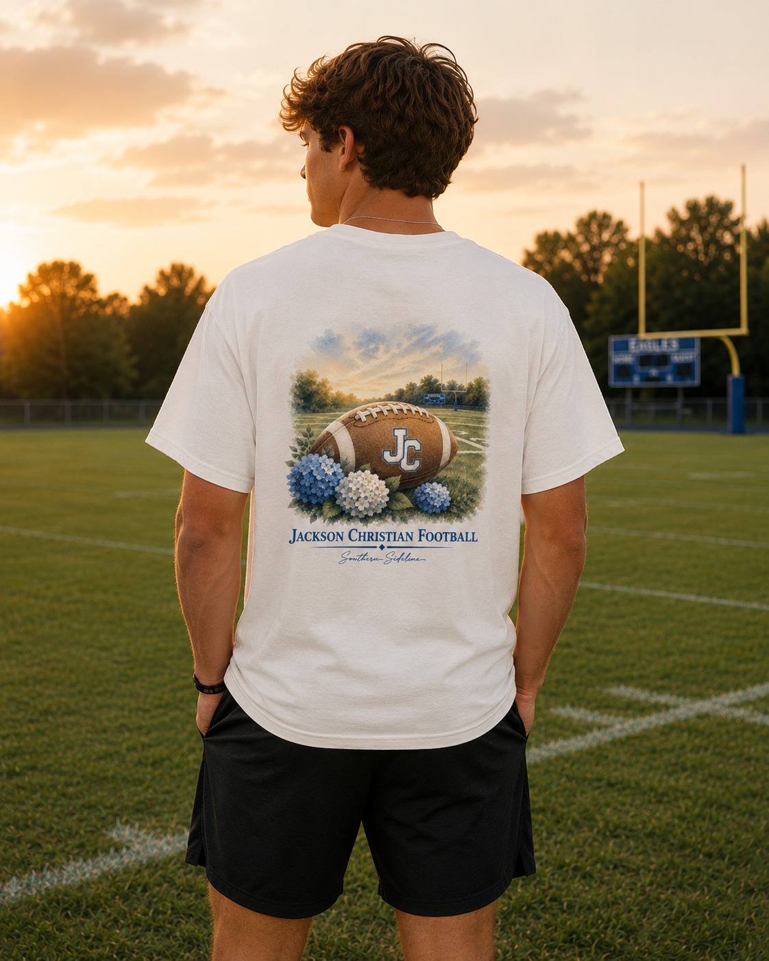 Watercolor Jackson Christian Eagles football design on a soft white cotton tee