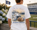 Watercolor Jackson Christian Eagles football design on a soft white cotton tee