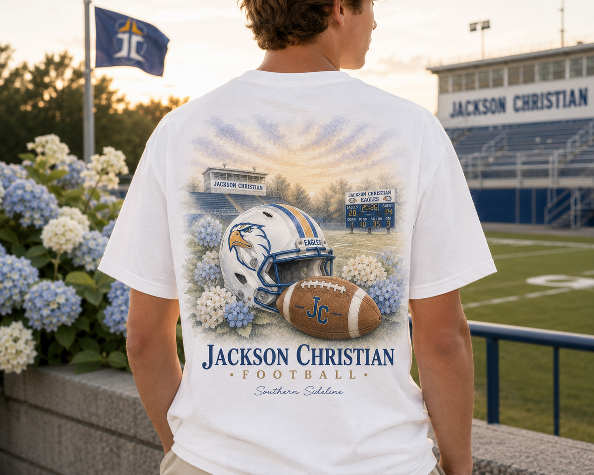 Watercolor Jackson Christian Eagles football design on a soft white cotton tee