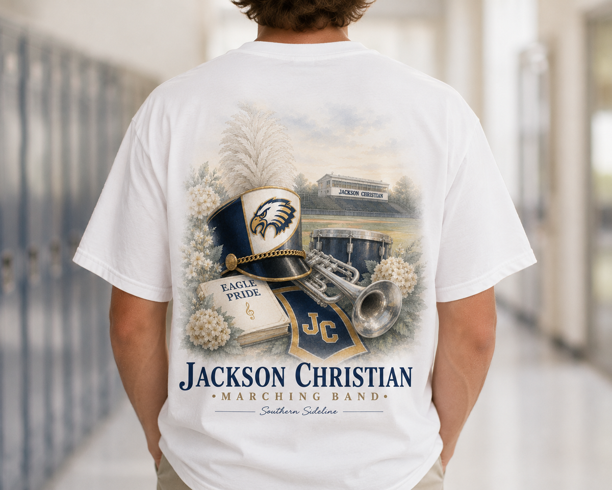 Watercolor Jackson Christian Eagles marching band design on a soft white cotton tee