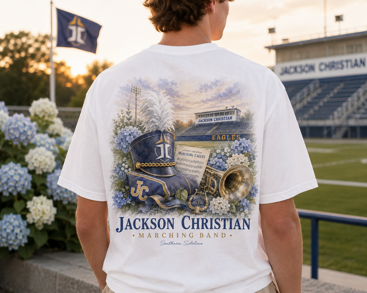 Watercolor Jackson Christian Eagles marching band design on a soft white cotton tee