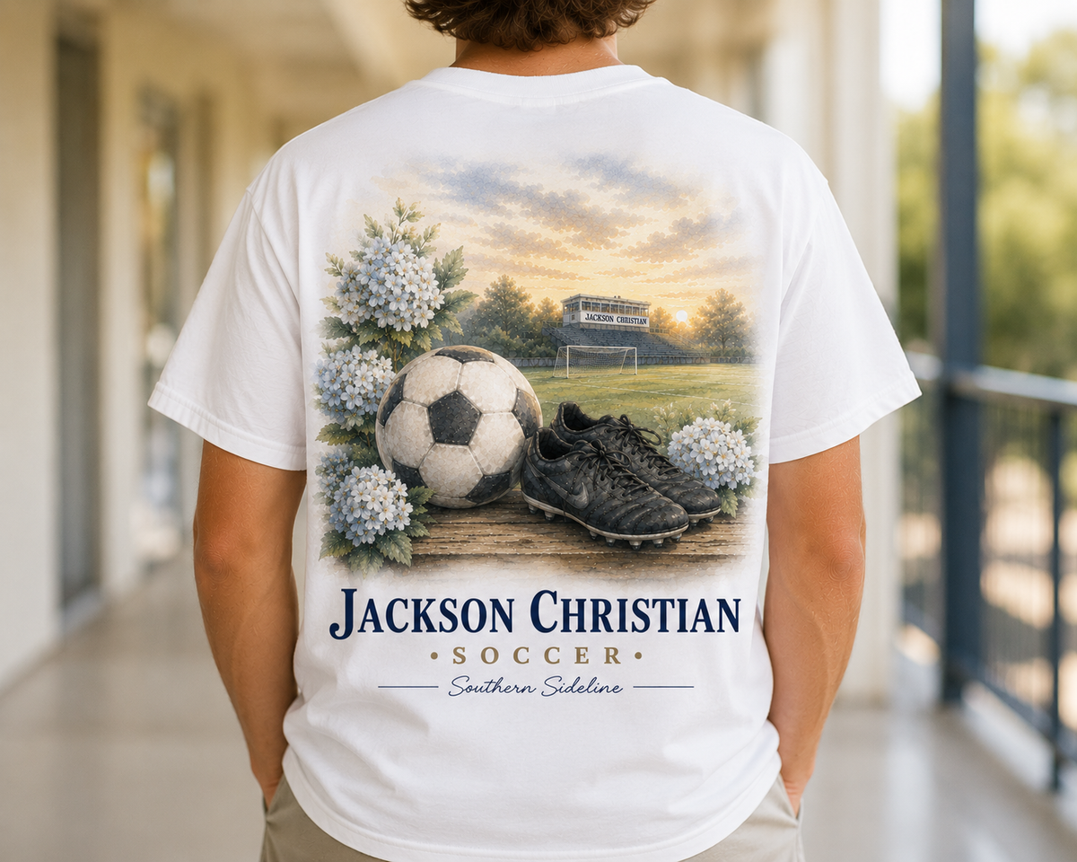 Watercolor Jackson Christian Eagles soccer design on a soft white cotton tee