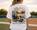 Watercolor Jackson Christian Eagles softball design on a soft white cotton tee