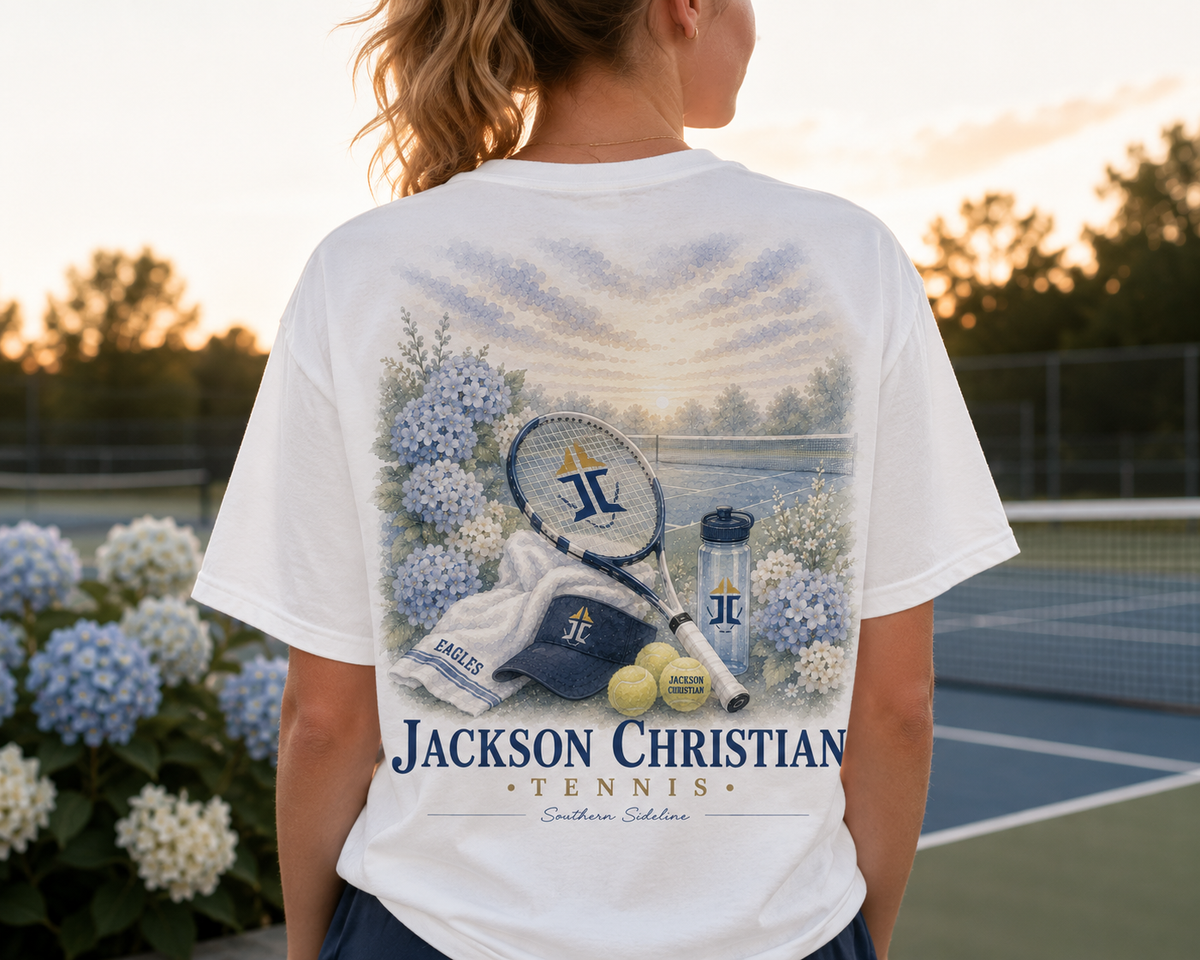 Watercolor Jackson Christian Eagles tennis design on a soft white cotton tee